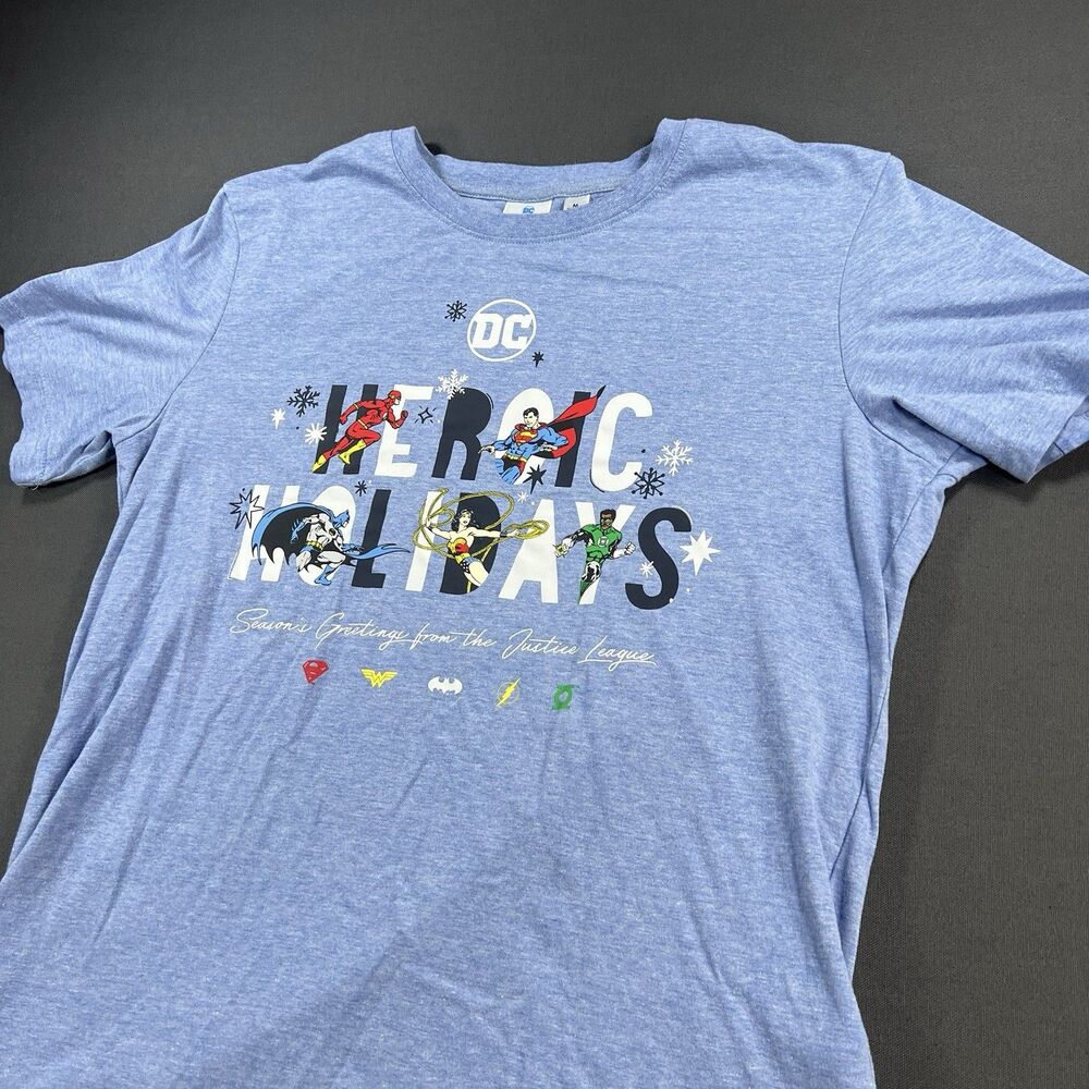 DC Justice League Heroic Holidays Christmas Graphic T Shirt Blue Medium Medium